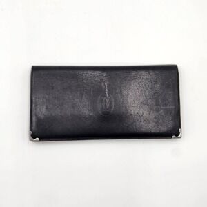 Authentic Vintage Cartier Paris Long Wallet Black Leather Burgundy Interior